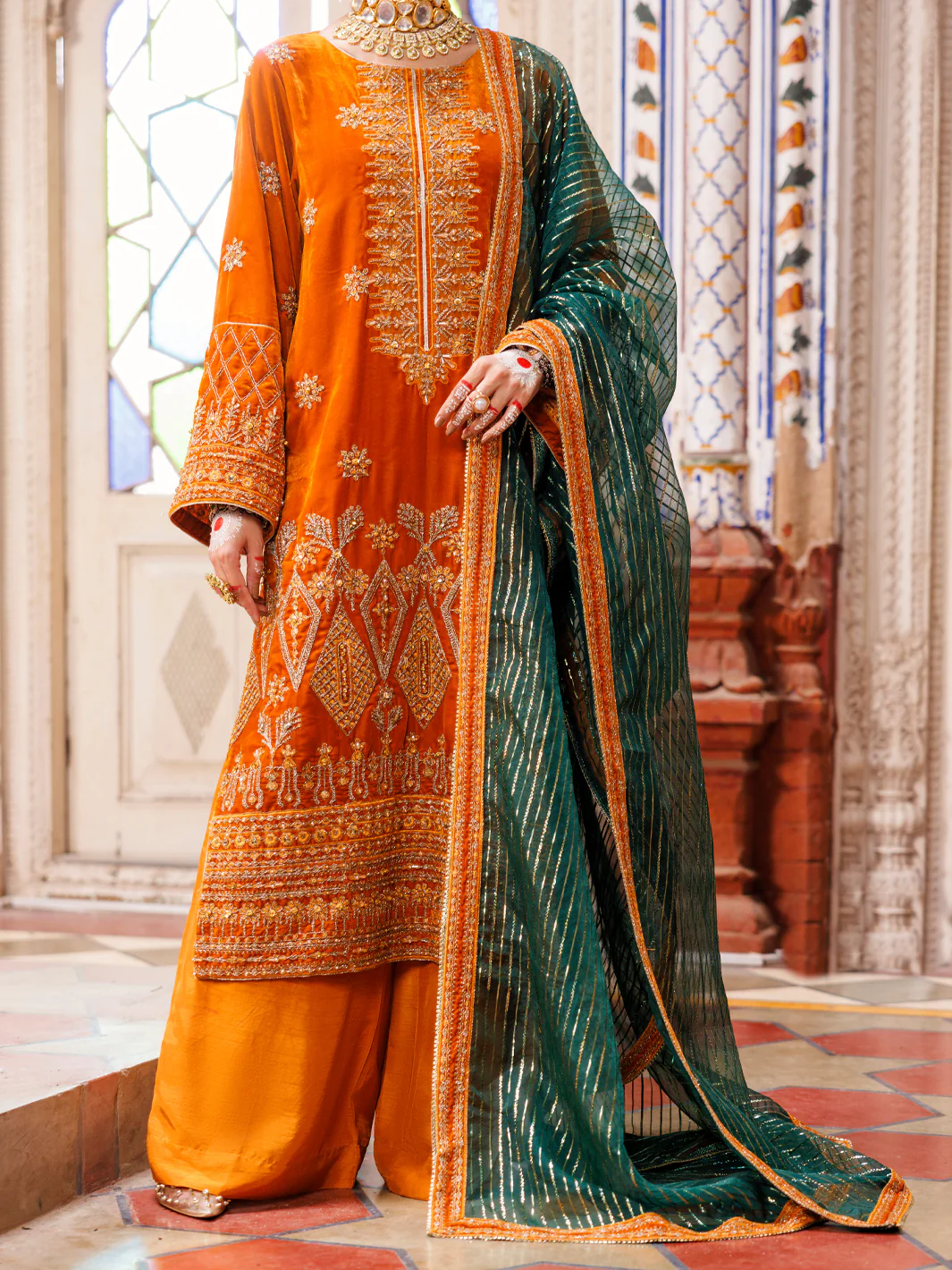 MUSTARD VELVET 3PC STITCHED | AL-3PS-LS-496/AM-3002E