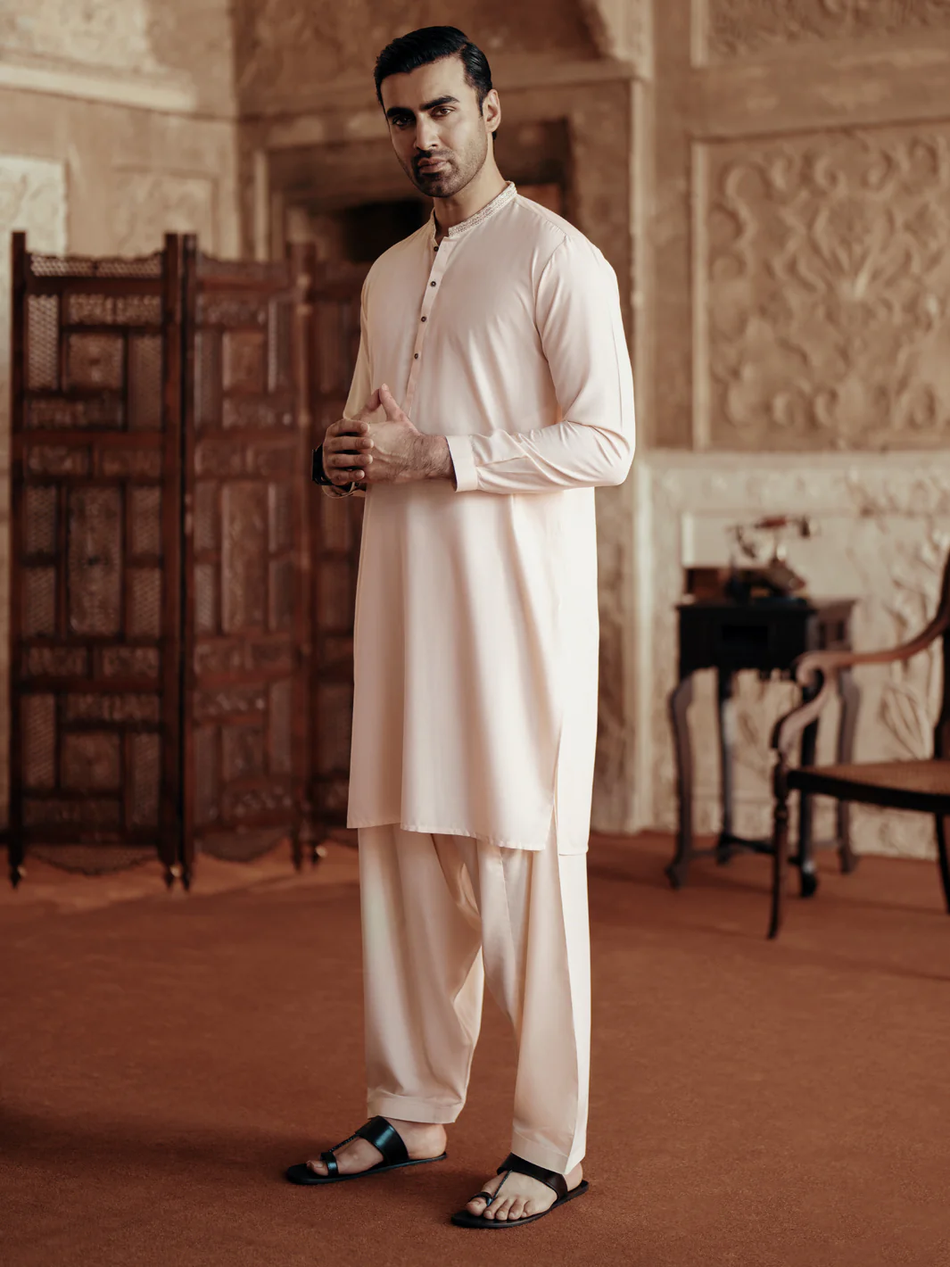 CREAM BLENDED KAMEEZ SHALWAR | AL-KS-3069/AM-6198B
