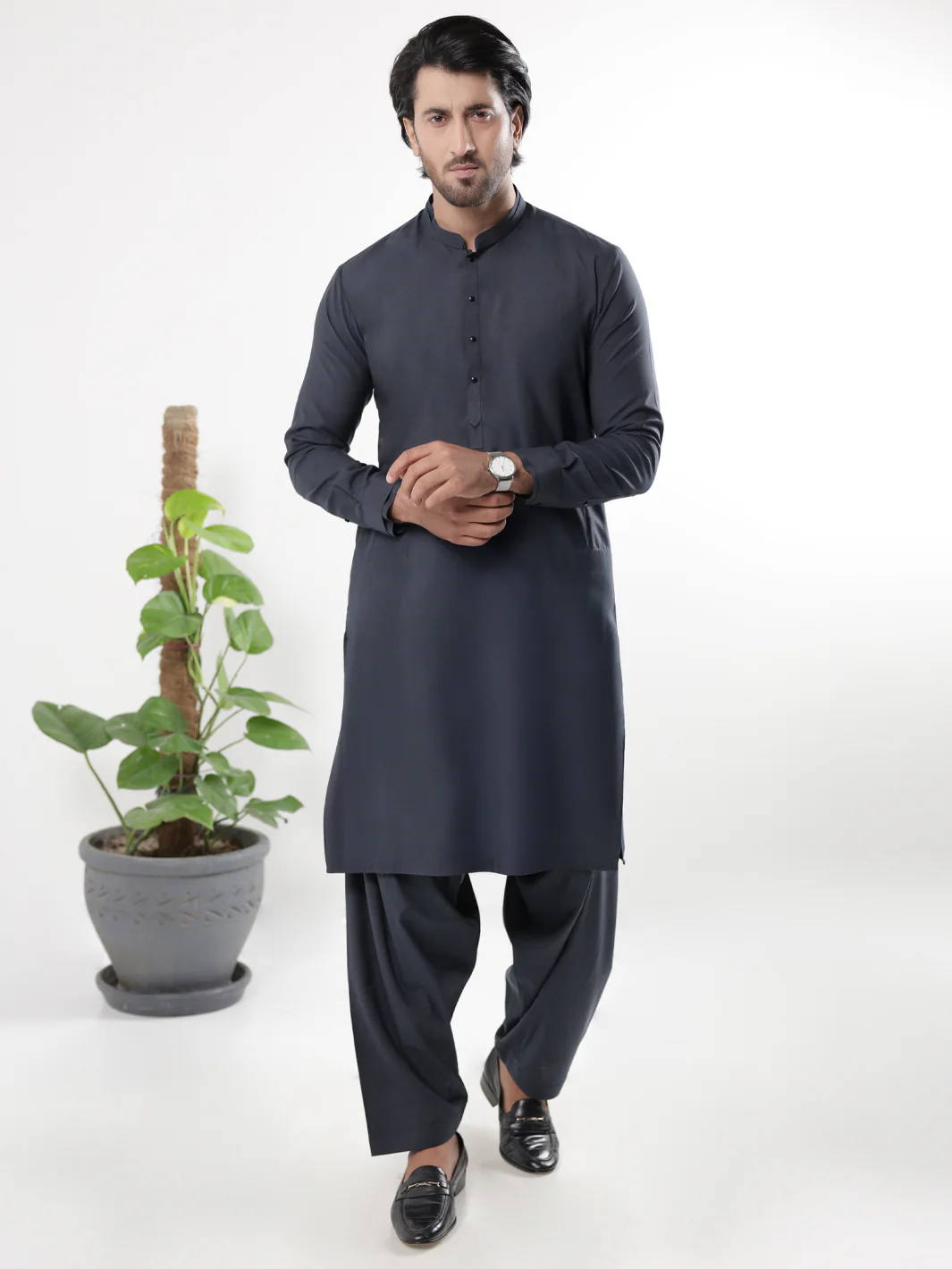 CHARCOAL GREY BLENDED KAMEEZ SHALWAR | AL-KS-3214/AM-6304E