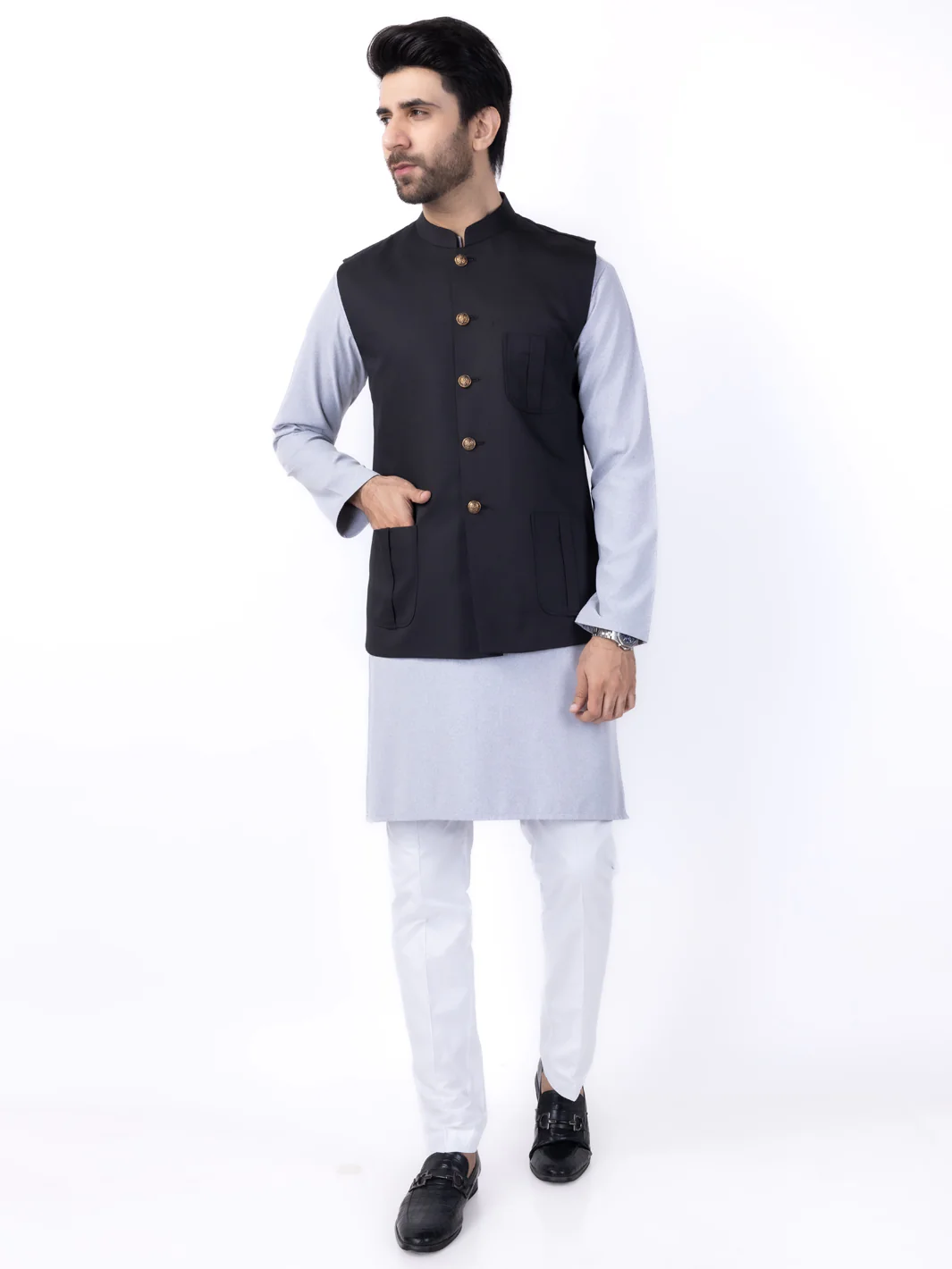 BLACK TAFLON RAYON WAISTCOAT | AL-WC-539B/AM-6244D - Image 2