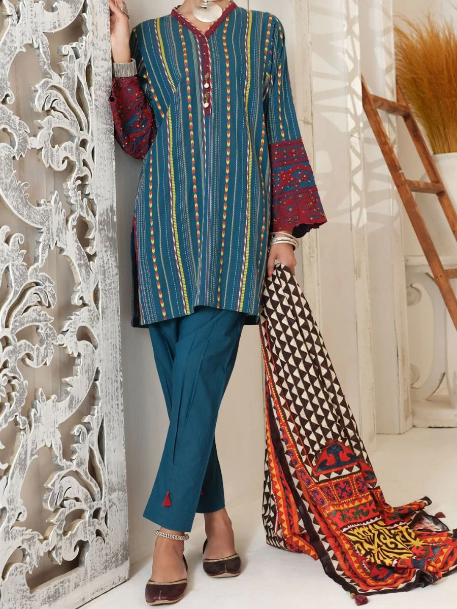 TEAL JACQUARD 3PC UNSTITCHED | ALP-3PS-US-1048 V-2 2021