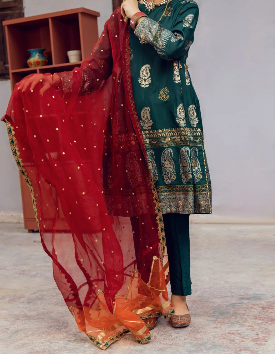 GREEN SILK 3PC UNSTITCHED | ALP-3PS-US-1195 AM-2395C