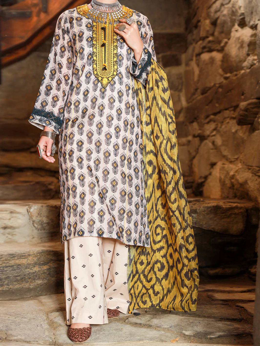 BEIGE JACQUARD 3PC STITCHED | ALP-3PS-US-1420/S FB-1420A
