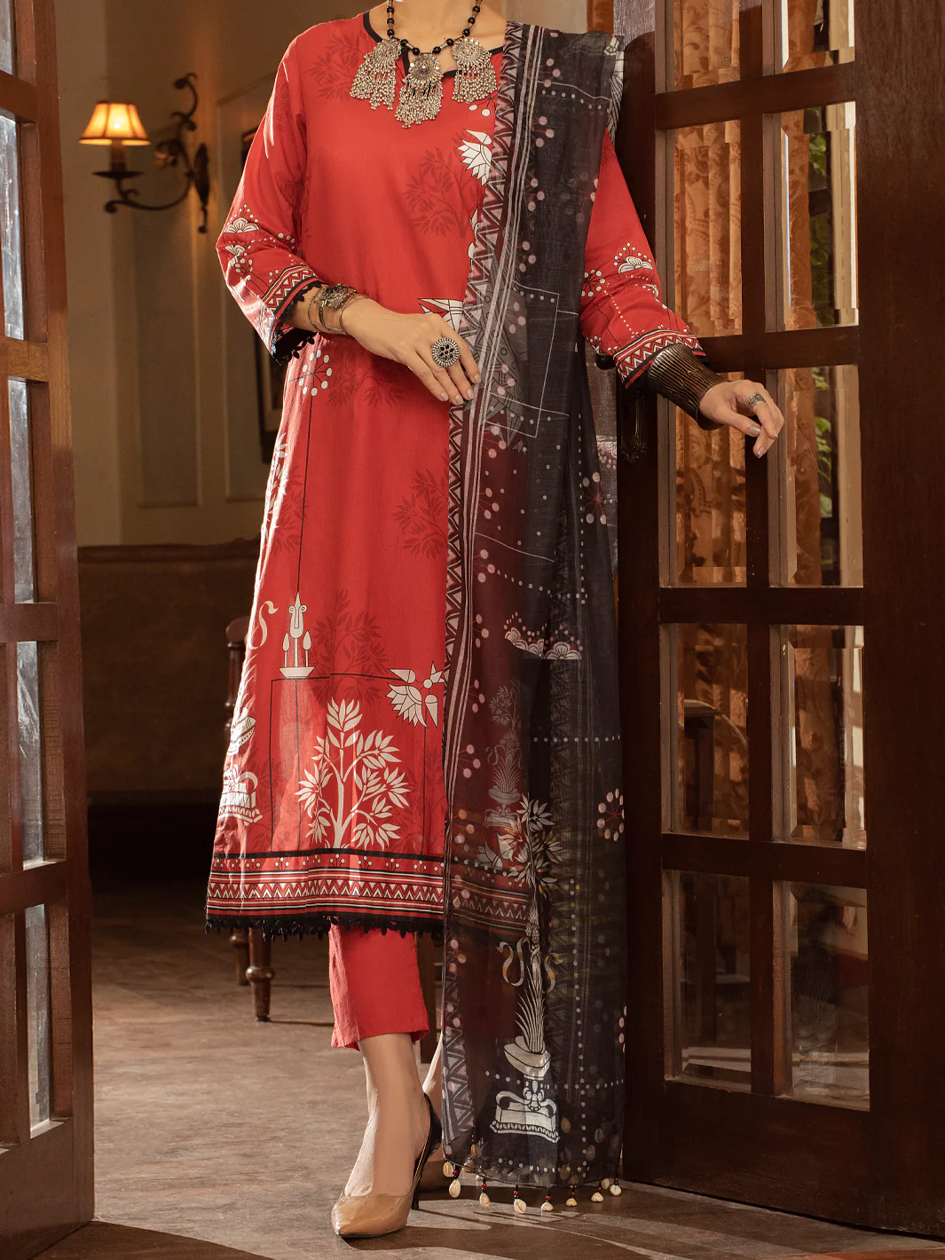 RED CAMBRIC 3PC UNSTITCHED | ALP-3PS-US-1426 FB-1426A