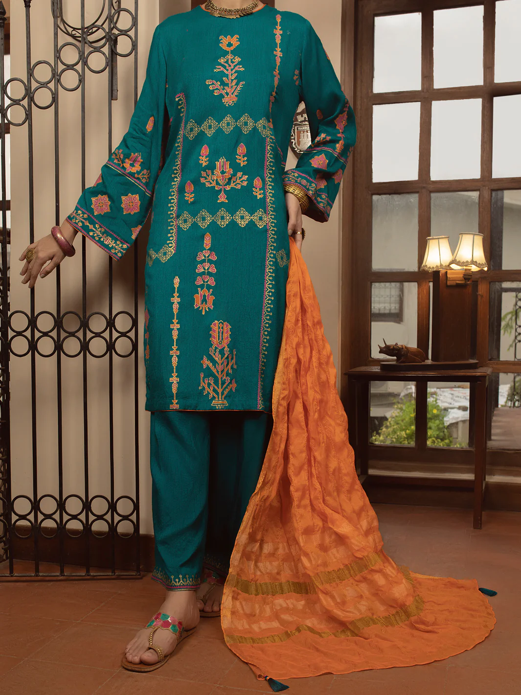 TURQUOISE RAW SILK 3PC STITCHED | ALP-3PS-US-1432/S FB-1432A