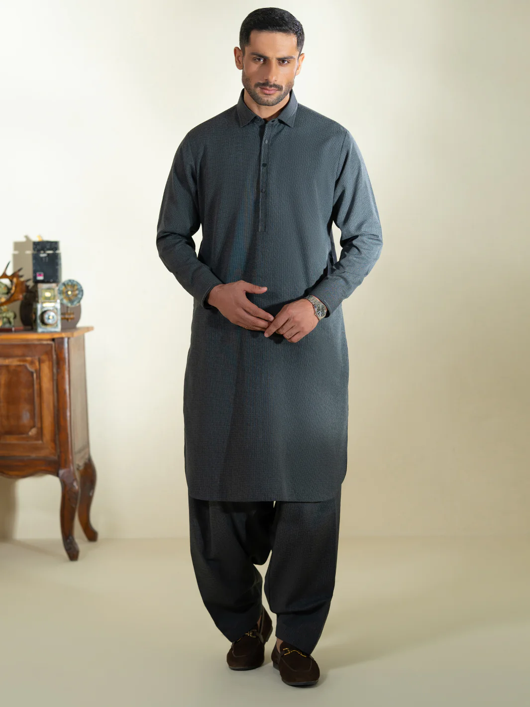 CHARCOAL GREY BLENDED KAMEEZ SHALWAR | ALWA-KS-570/AM-6342C