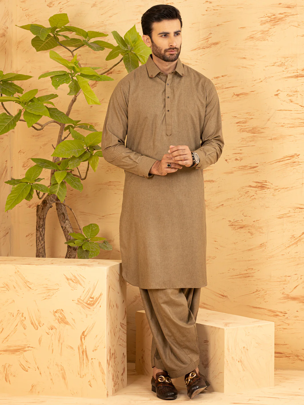 KHAKI BROWN KAMEEZ SHALWAR | ALWA-KS-US-377/AM-6126B