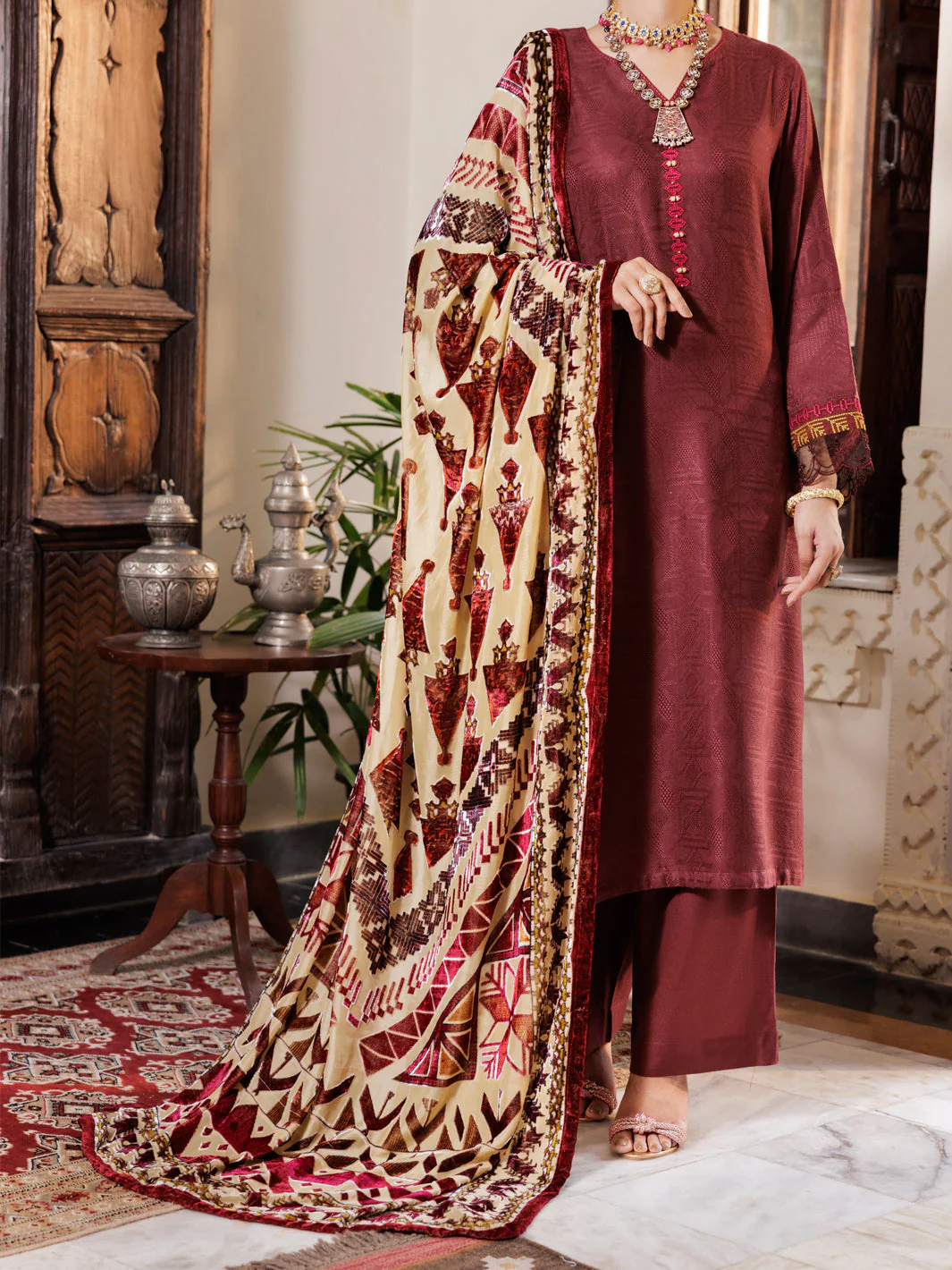 MAROON YARN DYED 3PC STITCHED | AWP-3PS-656/S FB-656A