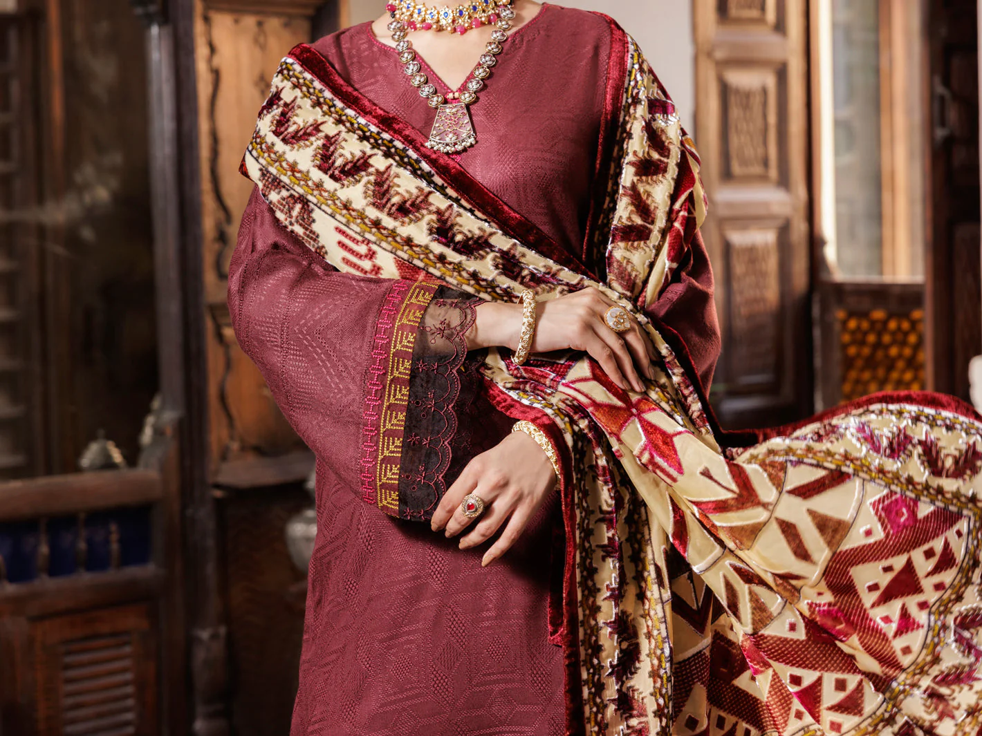 MAROON YARN DYED 3PC STITCHED | AWP-3PS-656/S FB-656A - Image 4