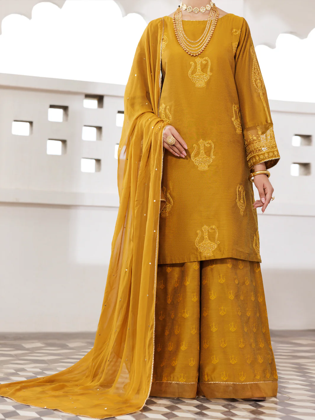 MUSTARD POLY JACQUARD 3PC STITCHED | AWP-3PS-680/S AM-2941A
