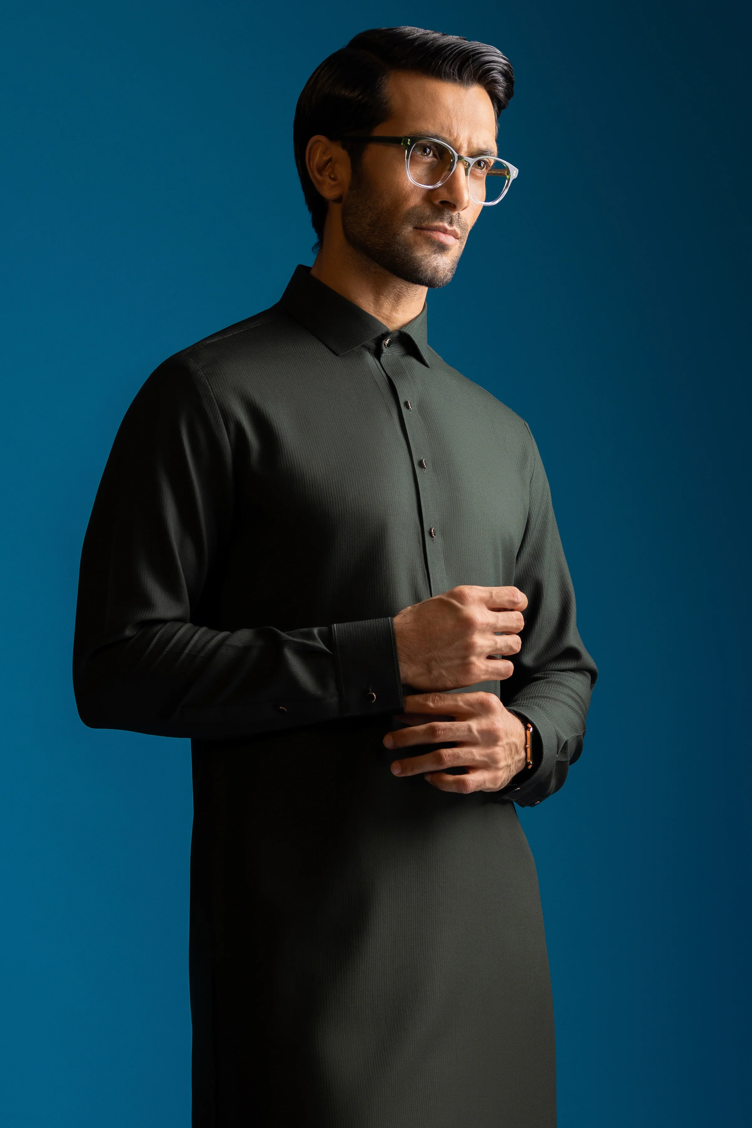 ARMY GREEN BLENDED KAMEEZ SHALWAR | CCMKS-A-US-39377-4/4 - ISTANBUL