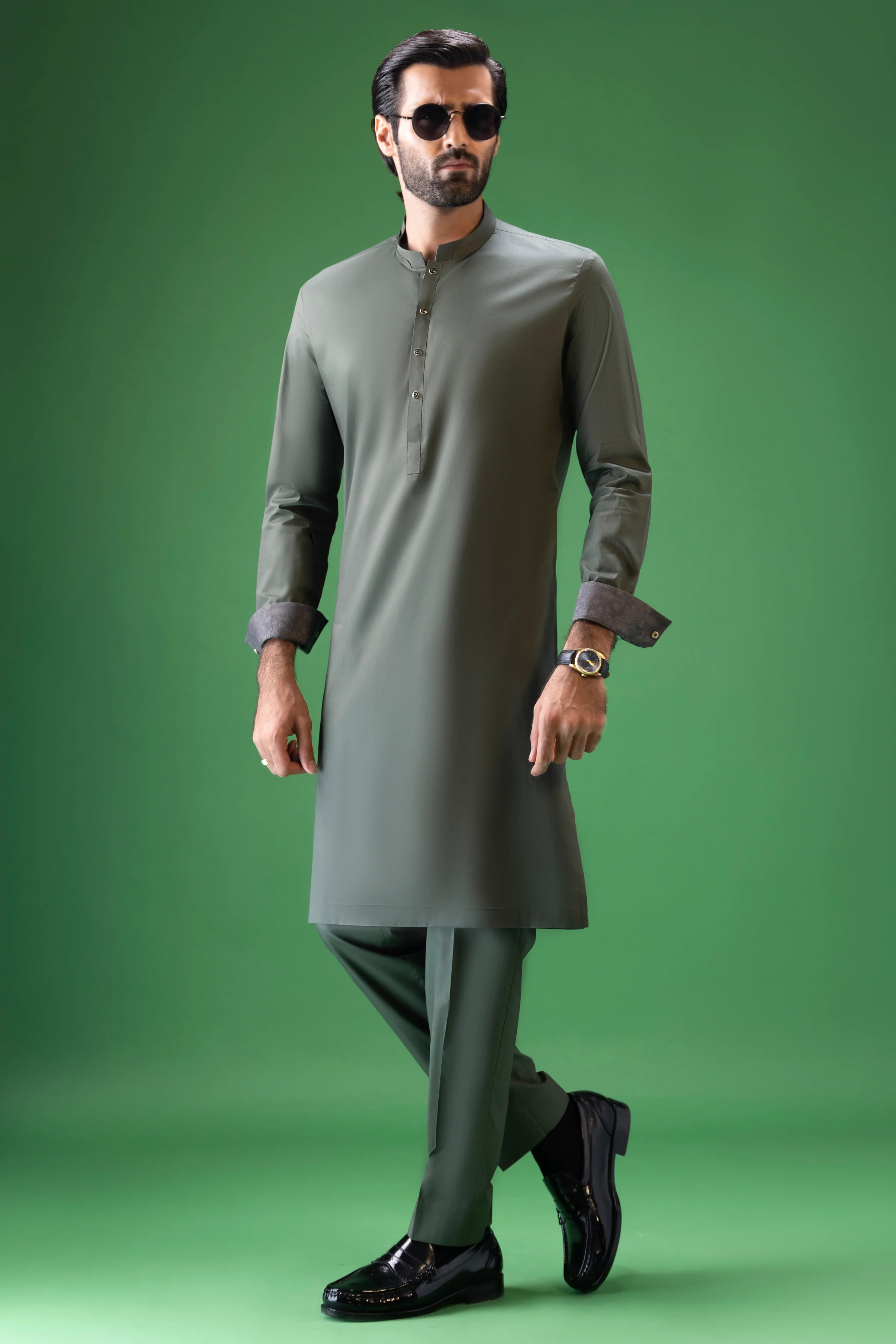 OLIVE COTTON KURTA TROUSERS | CCMKT-S-US-39378-1/3 - ECUADOR