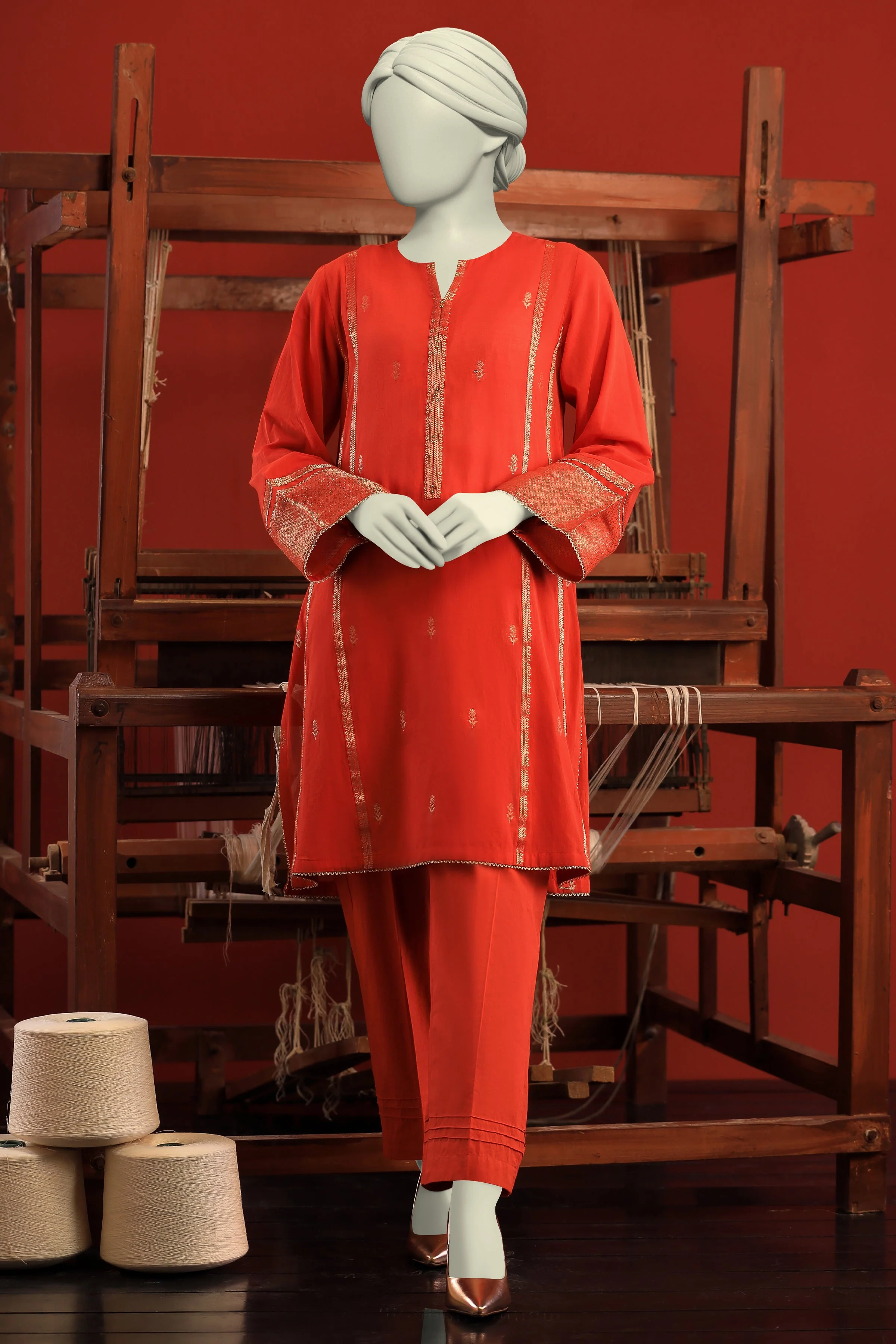 ORANGE JACQUARD KURTI | CCW-1PS-S-US-22-204 PANN BOOTI-01
