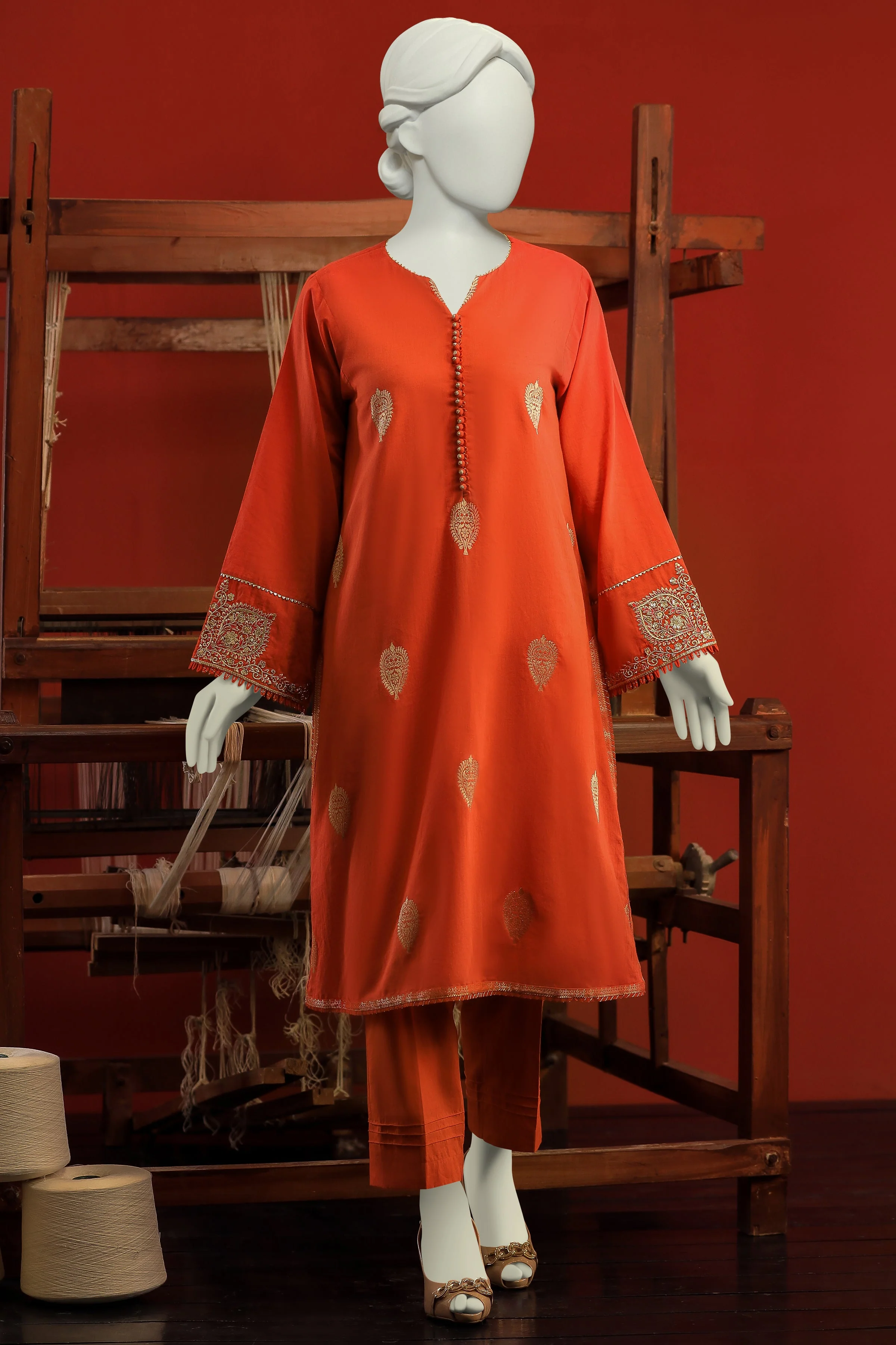 ORANGE JACQUARD KURTI | CCW-1PS-S-US-22-209 PAAN BOOTI-02