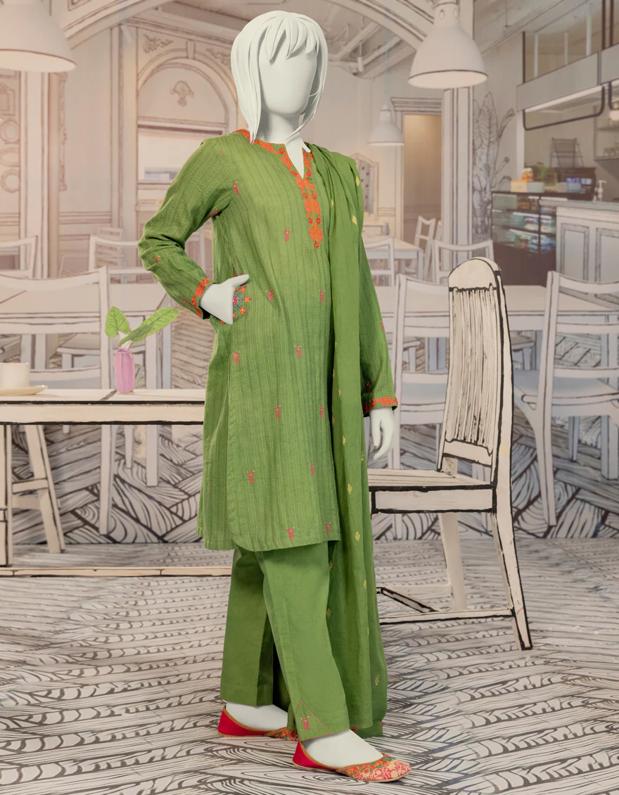 GREEN TEXTURED 3PC STITCHED | JGK-W-YGTL-649-24 FB/DHANAK-1