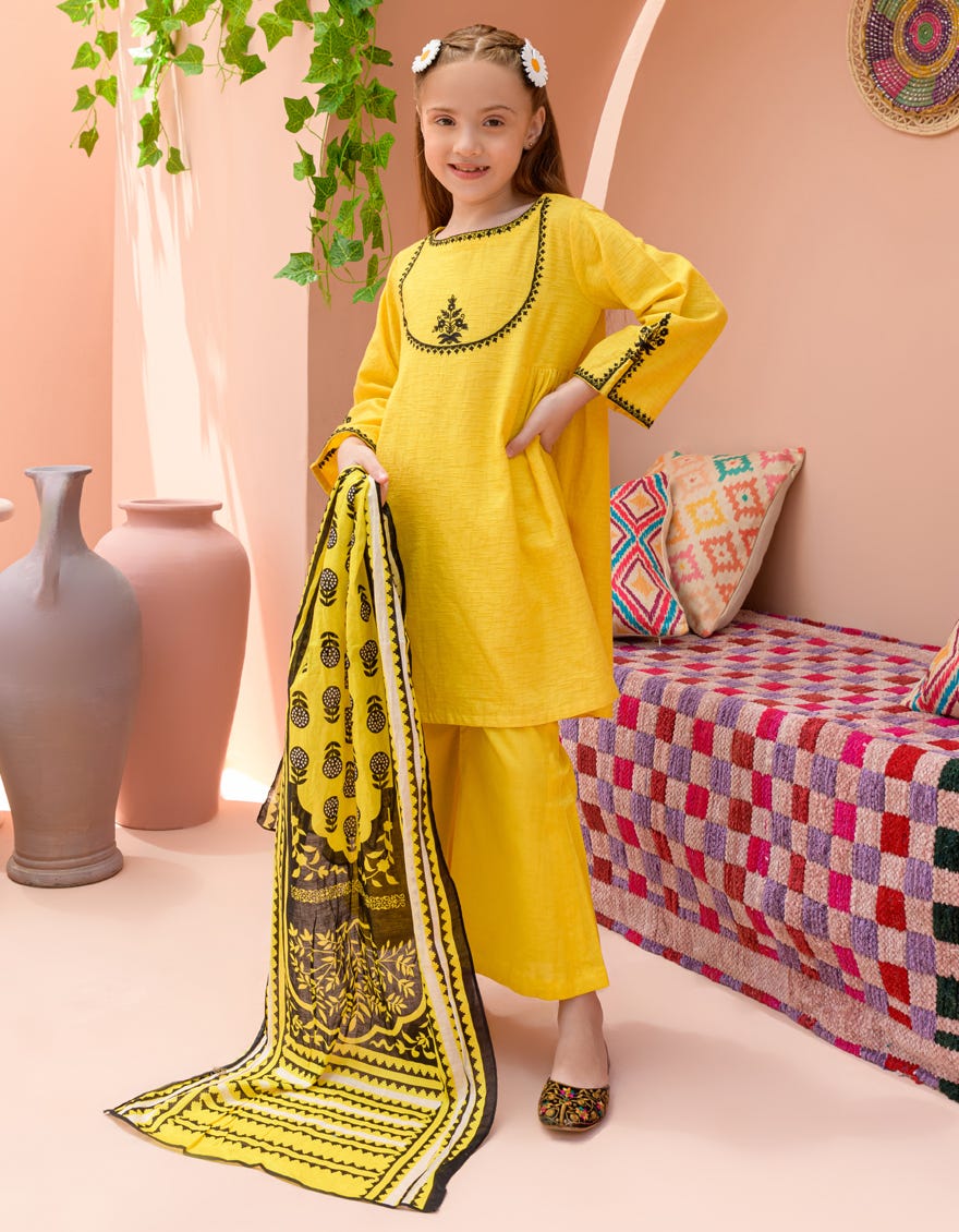 YELLOW TEXTURED 3PC STITCHED | JGKL-S-24-1578 FB/CHAR-BAGH-05