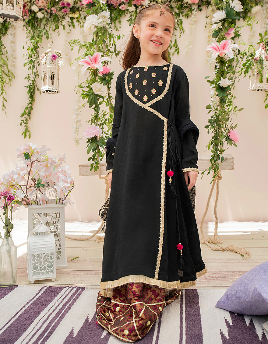 BLACK RAW SILK 3PC STITCHED | JGKL-S-JJGS-US-22-027 FB/FF-272
