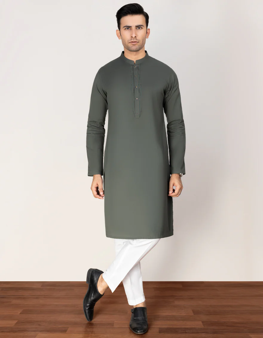 ARMY GREEN COTTON KURTA | JJK-A-US-37690/S23/JJ7636-CL