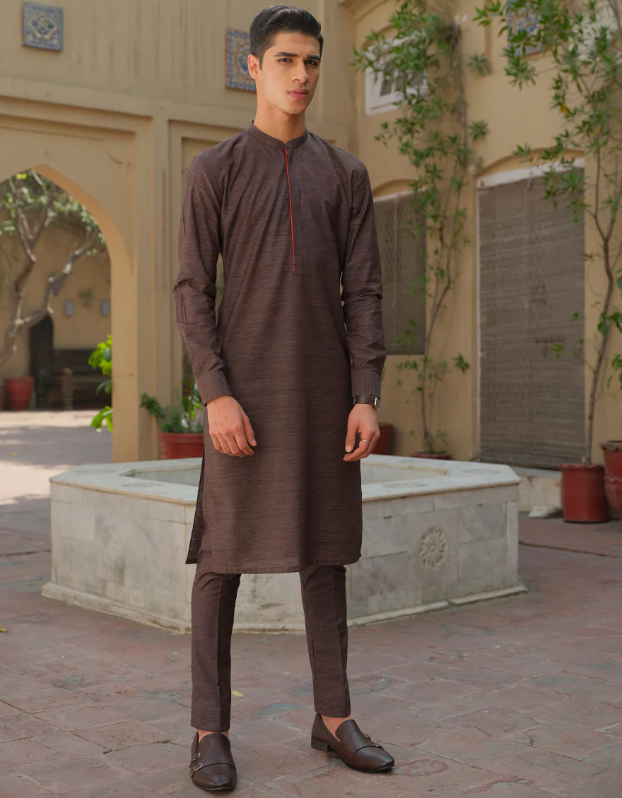 TEXTURED BROWN CVC KURTA TROUSERS | JJKP-S-US-36890/S22/JJ7620-PN