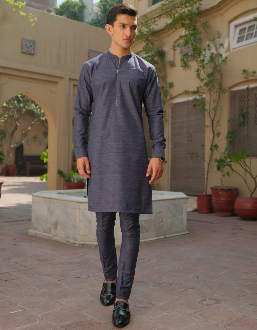 BLUE TEXTURE CVC KURTA TROUSERS | JJKP-S-US-36891/S22/JJ7620-PN