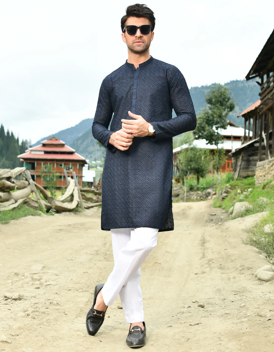 NAVY BLUE BLENDED KURTA TROUSERS | JJKP-US-45096/A22/JJ8421-CL