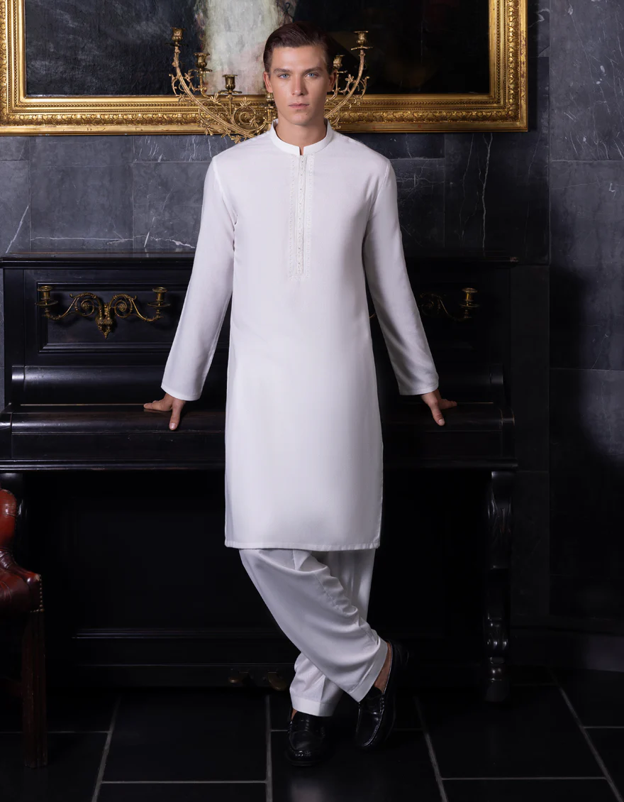 DULL WHITE BLENDED KAMEEZ SHALWAR | JJKS-S-US-36973/S23/JJ7568-FL