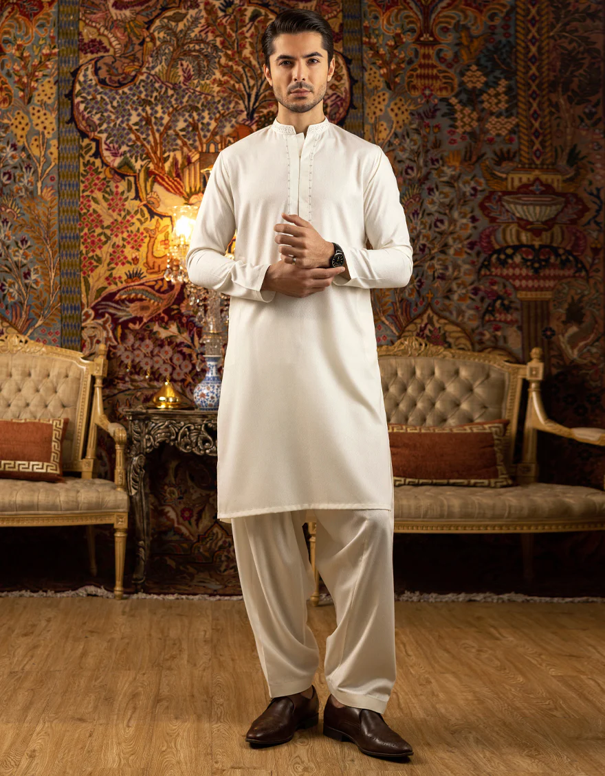 OFF WHITE BLENDED KAMEEZ SHALWAR | JJKS-S-US-37571/S22/JJ7195-FL