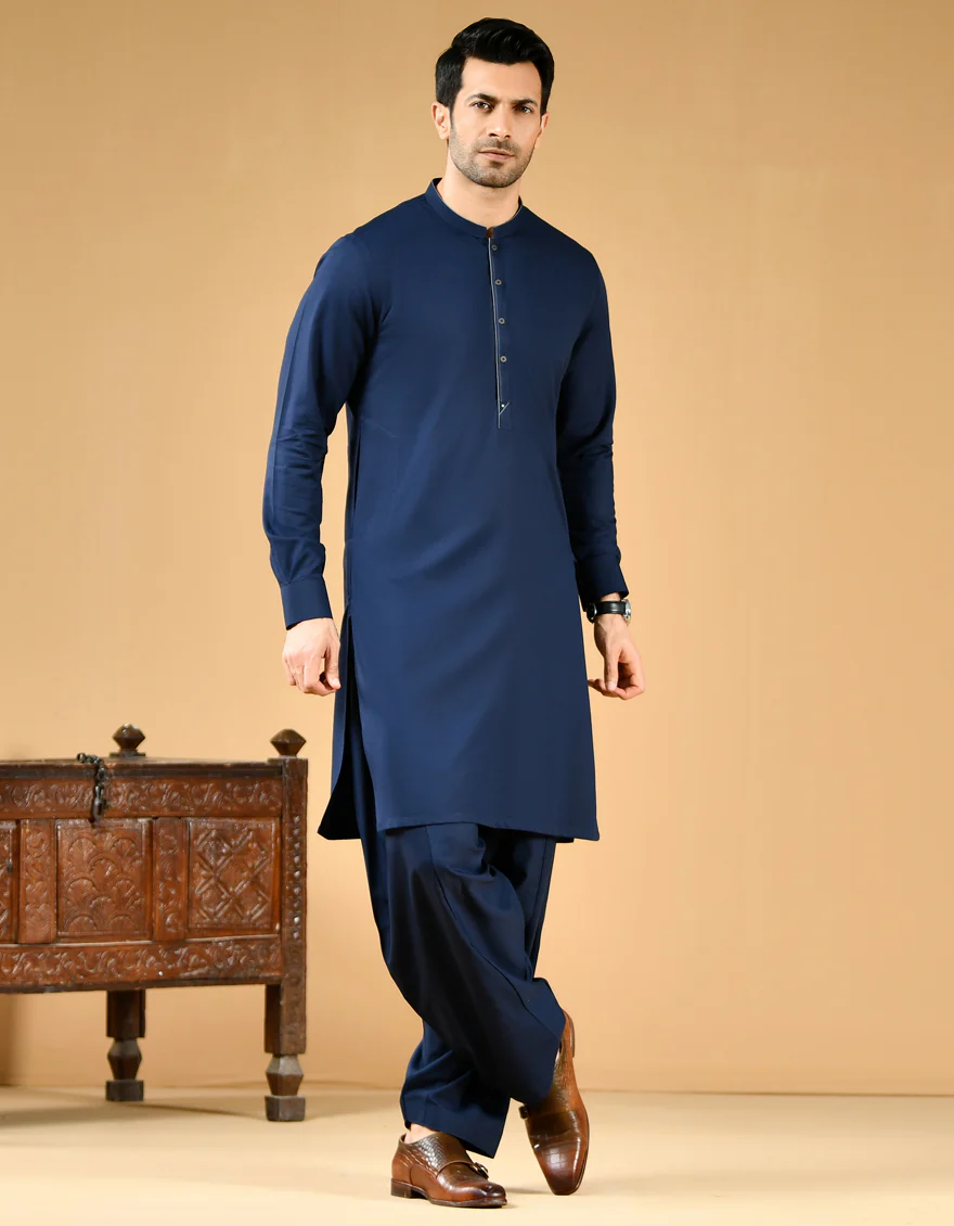 NAVY BLUE BLENDED KAMEEZ SHALWAR | JJKS-US-42395/A22/JJ8181-CL