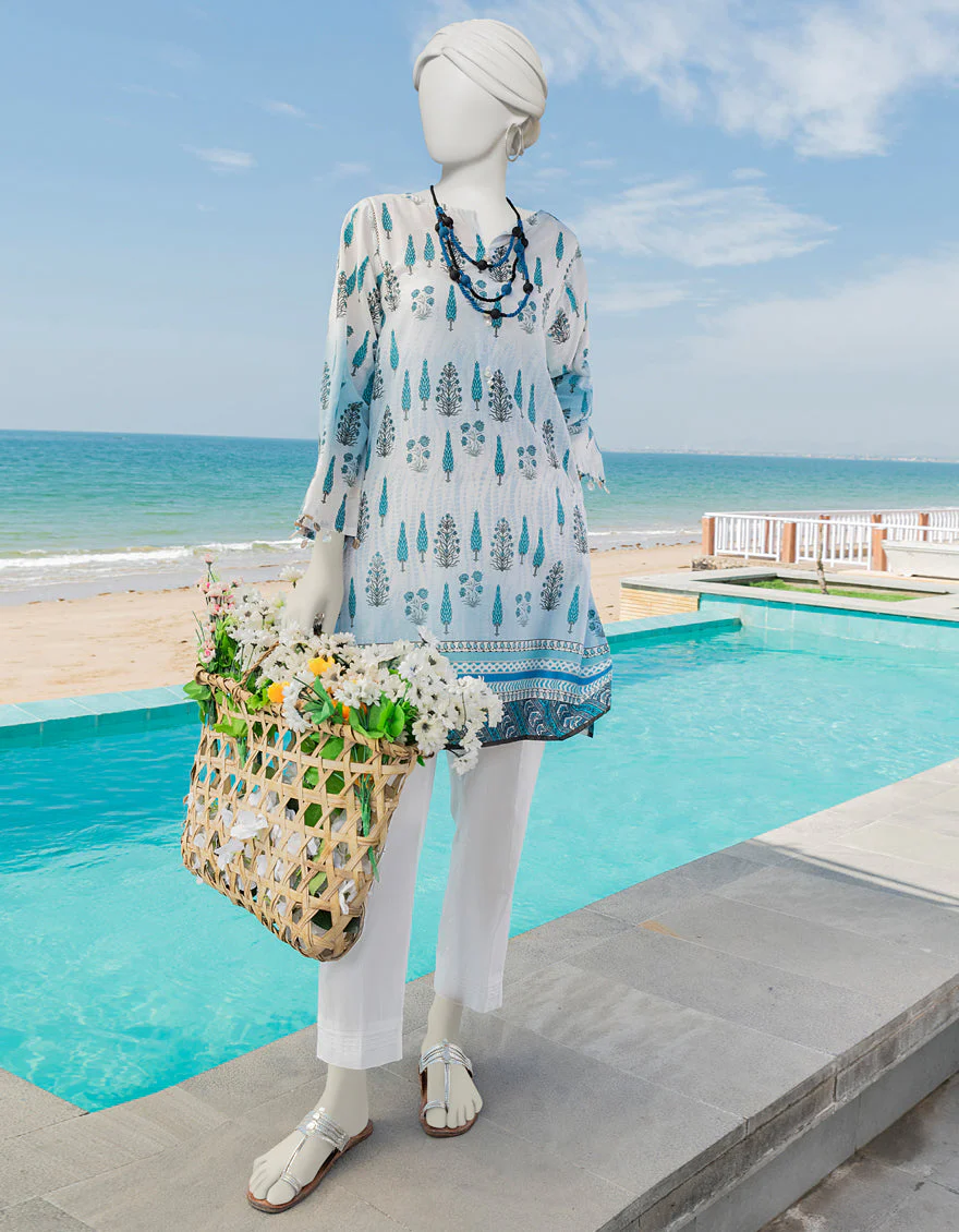 WHITE & BLUE LAWN KURTI | JJLK-S-JSS-US-23-382 FB/CHAUSSETES