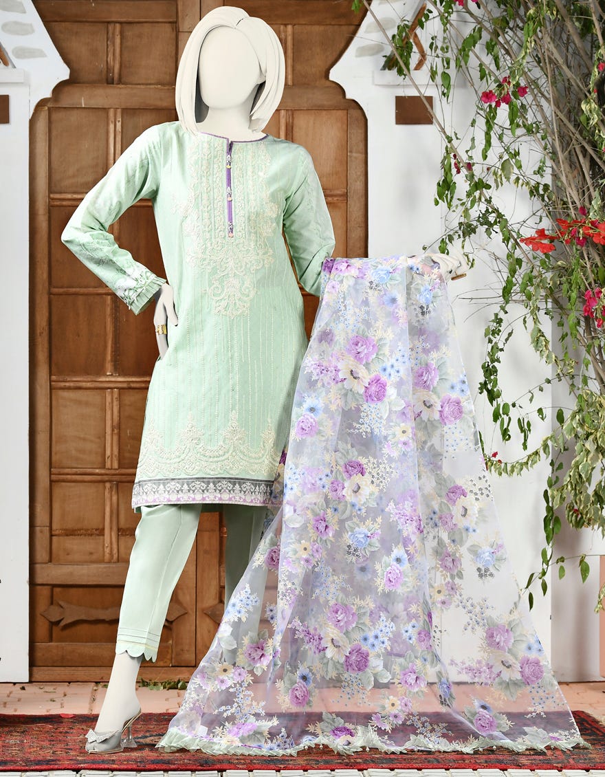 GREEN CAMBRIC 3PC UNSTITCHED | JJLS-S-JPUS-US-22-313 JN-142