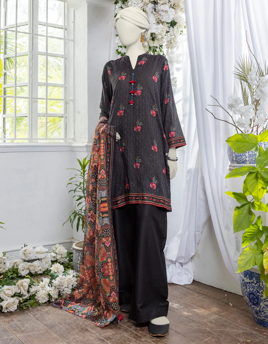 BLACK DOBBY 3PC UNSTITCHED | JJLS-S-JPW-24-026 FB/MOSAIC FLORA-2