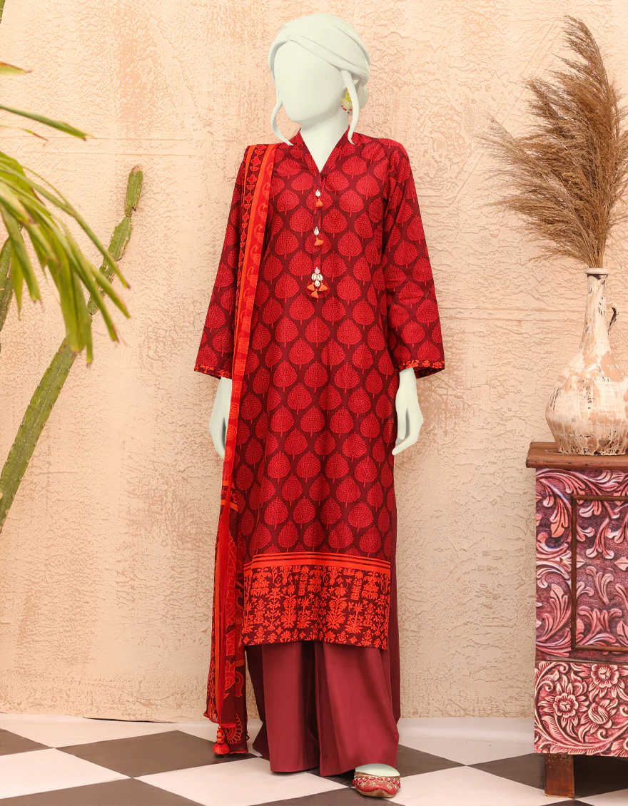 MAROON-ORANGE LAWN 3PC UNSTITCHED | JJLS-S-JPWU-US-22-038 FB/EASTERN RED