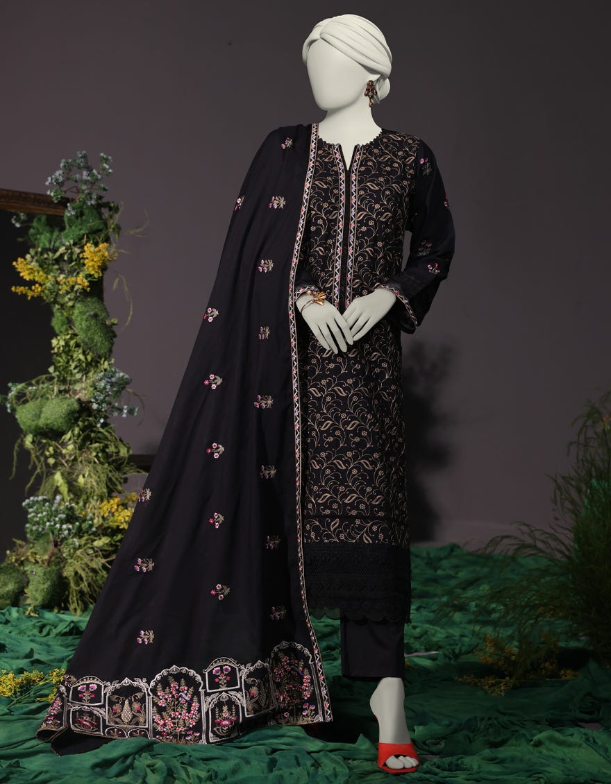 BLACK CAMBRIC 3PC UNSTITCHED | JJLS-W-JW-24-1751 FB/LUXE-B-8