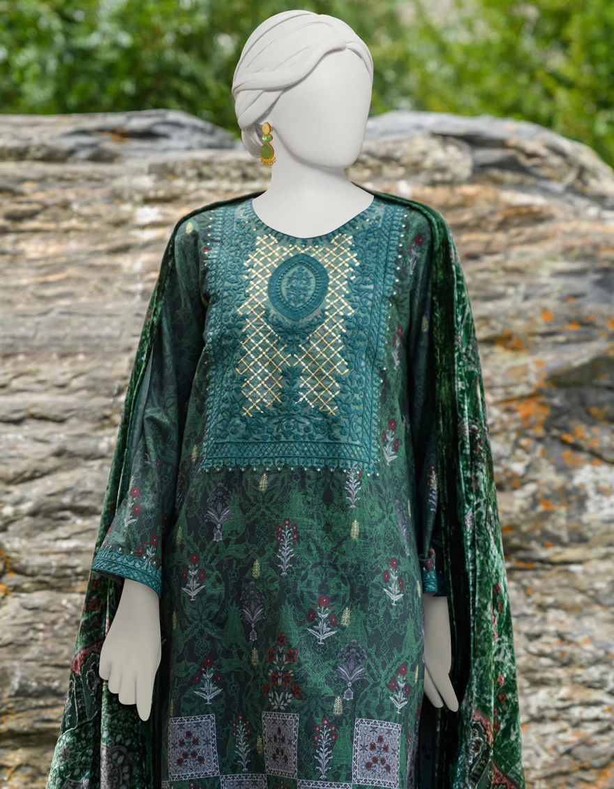 GREEN JACQUARD 3PC UNSTITCHED | JJLS-W-JW-US-23-1749 FB/MIRAGE-01 - Image 3
