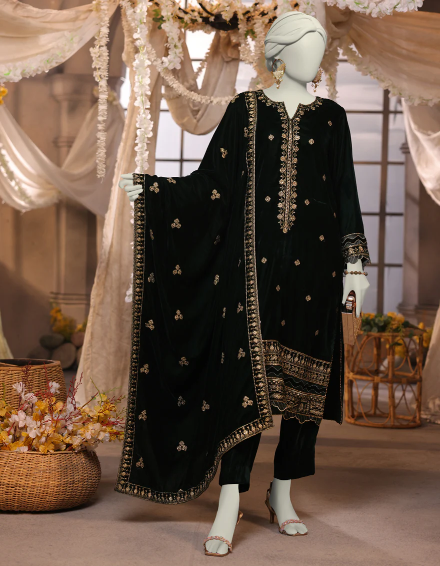 GREEN VELVET 3PC UNSTITCHED | JJLS-W-JWU-24-1784 FB/LUXE-C-1