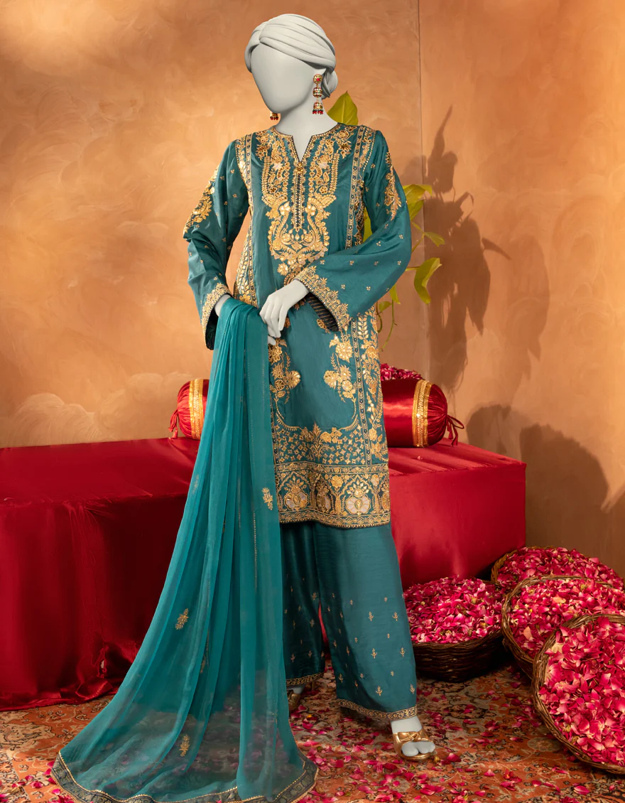 GREEN RAW SILK 3PC STITCHED | JJPW-S-JPS-25-3915 F