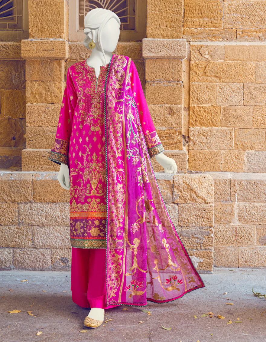 HOT PINK RAW SILK 3PC STITCHED | JJPW-S-JPS-US-22-3918 FB/JH-136