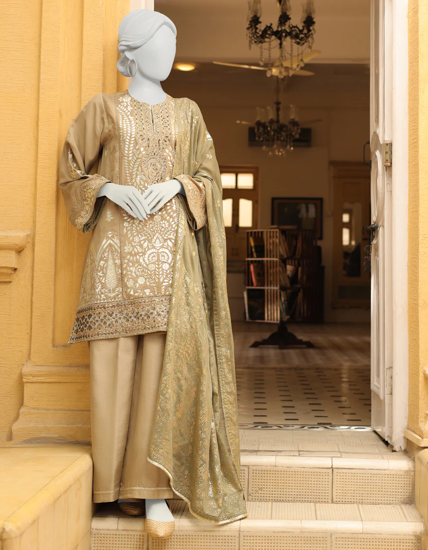 DULL GREEN RAW SILK 3PC STITCHED | JJPW-S-JPS-US-23-3902 FB/JH-210
