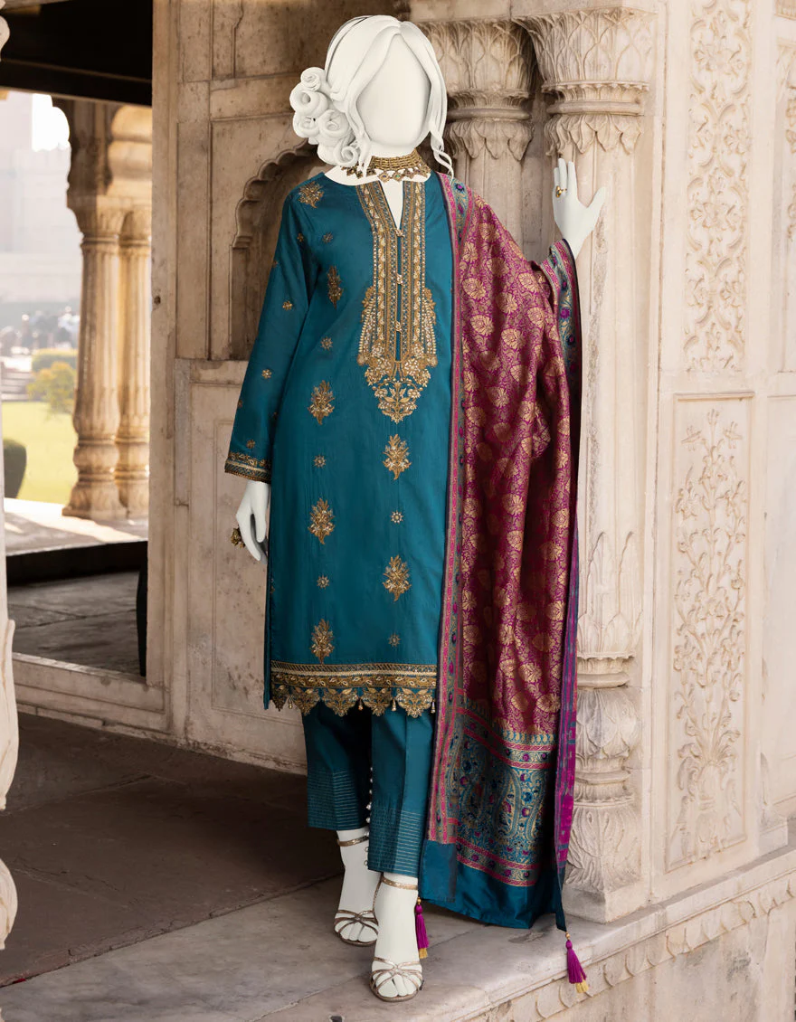 TEAL GREEN RAW SILK 3PC STITCHED | JJPW-S-JPWF-US-22-002 FB/FF-035