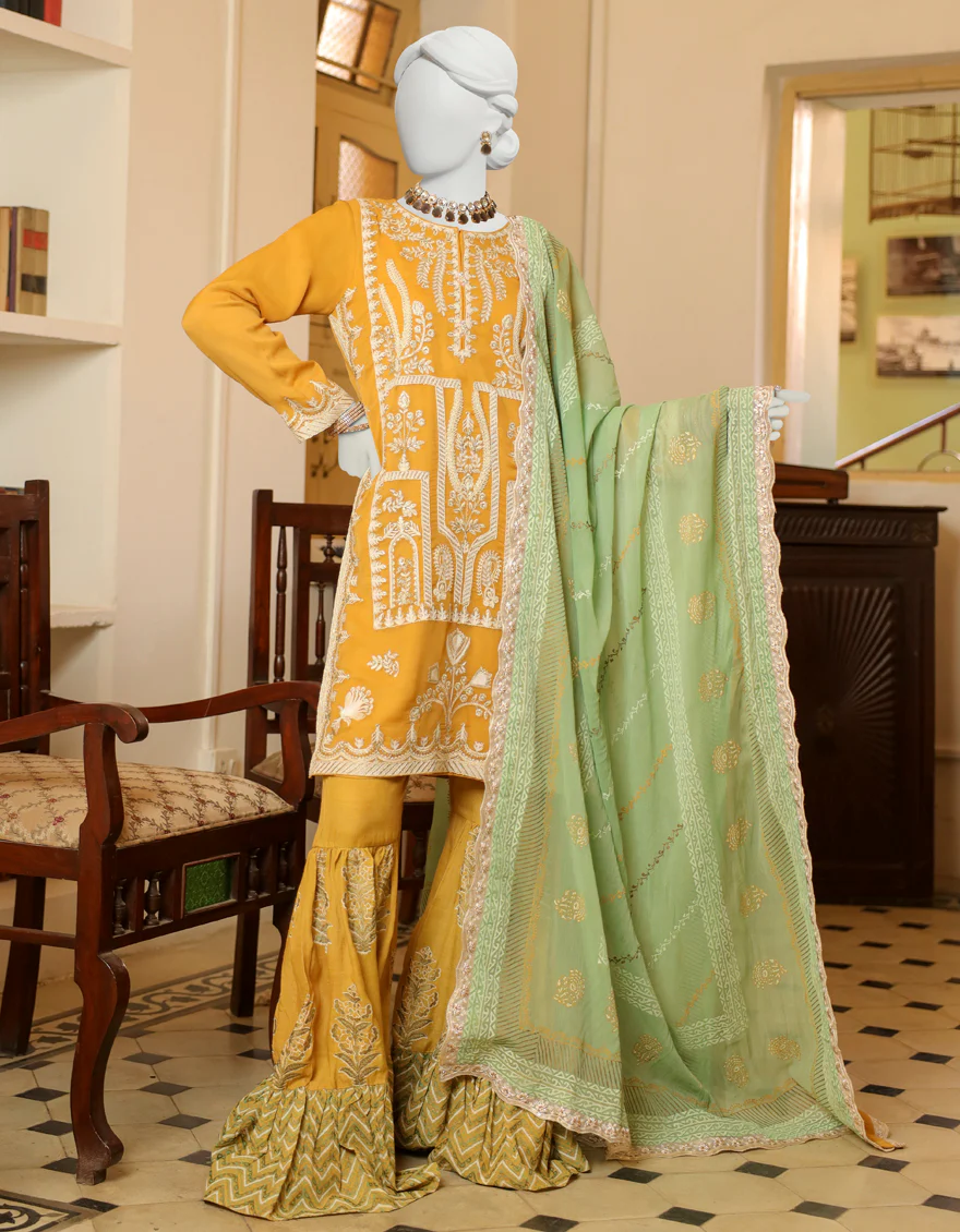 MUSTARD CHIFFON 3PC STITCHED | JJPW-S-JPWF-US-23-099 FB/FF-002