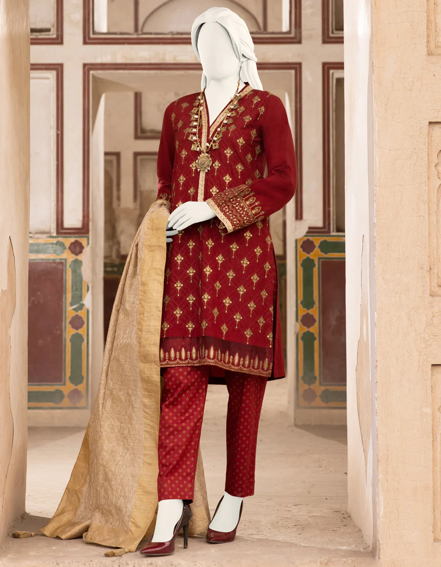 MAROON RAW SILK 3PC STITCHED | JJPW-S-JPWS-US-22-303 FB/MF-664