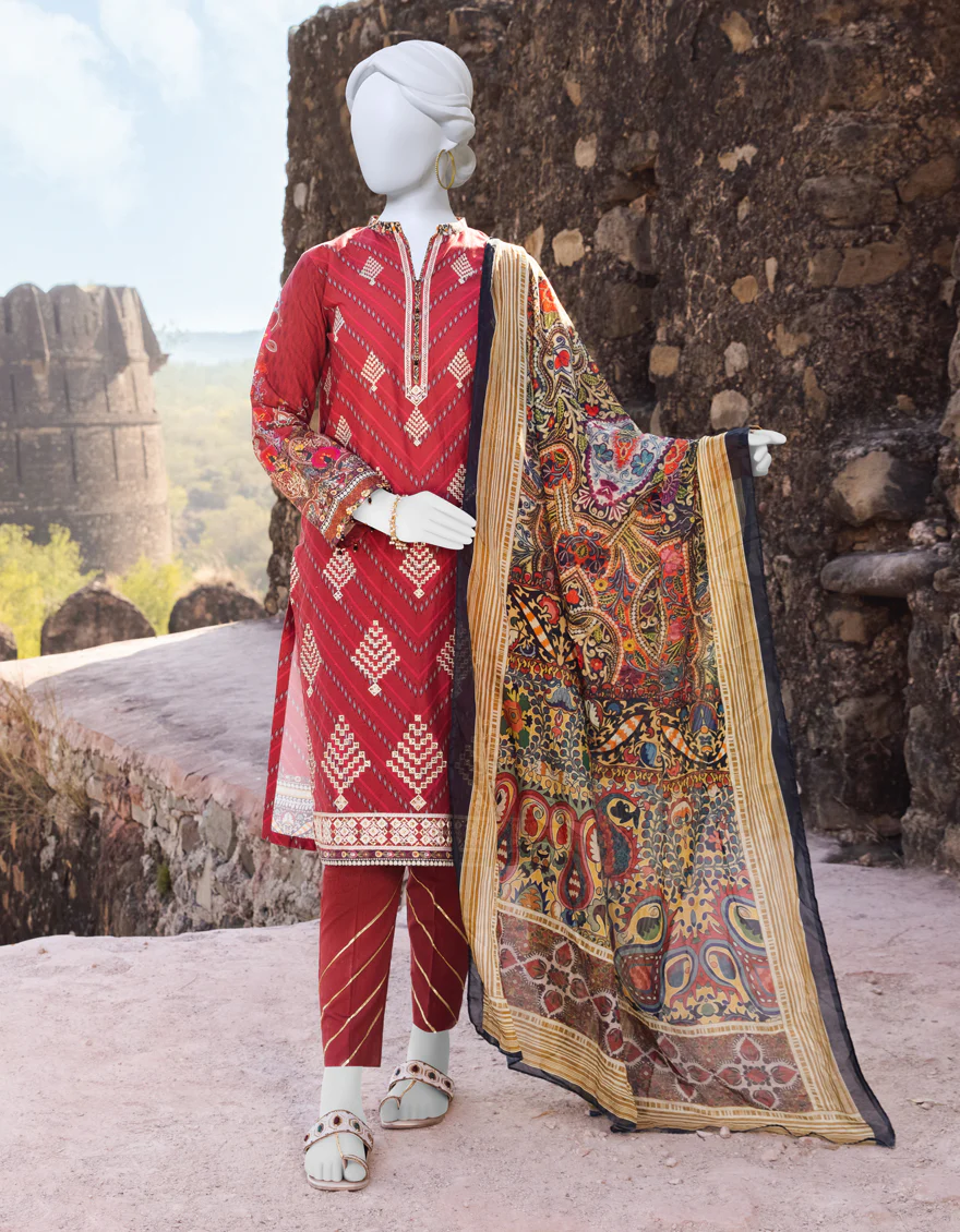 RED CAMBRIC 3PC STITCHED | JJPW-S-JPWS-US-23-508 FB/GULABI