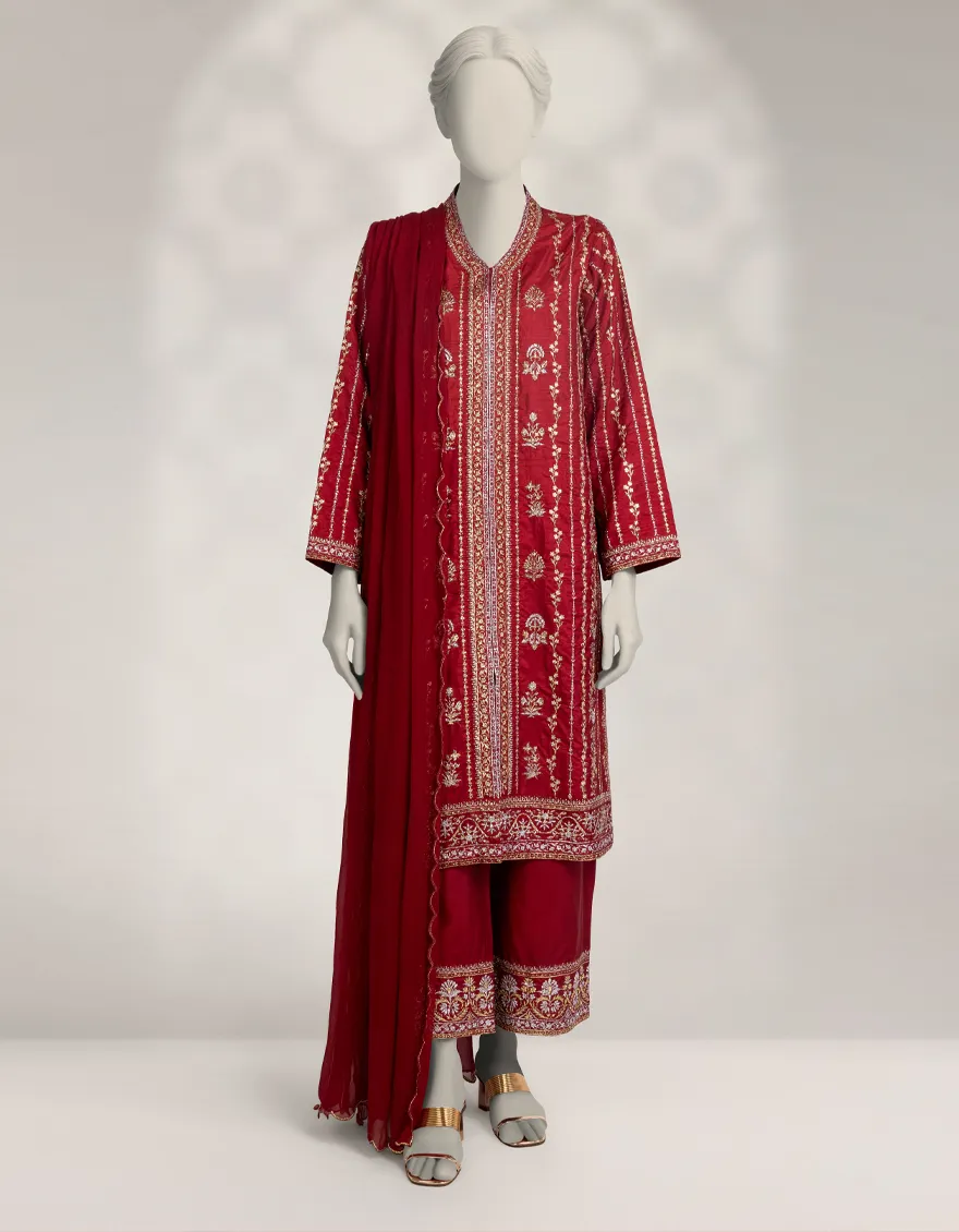 MAROON RAW SILK 3PC STITCHED | JJPW-W-JPS-25-3957 FB/INARA-04
