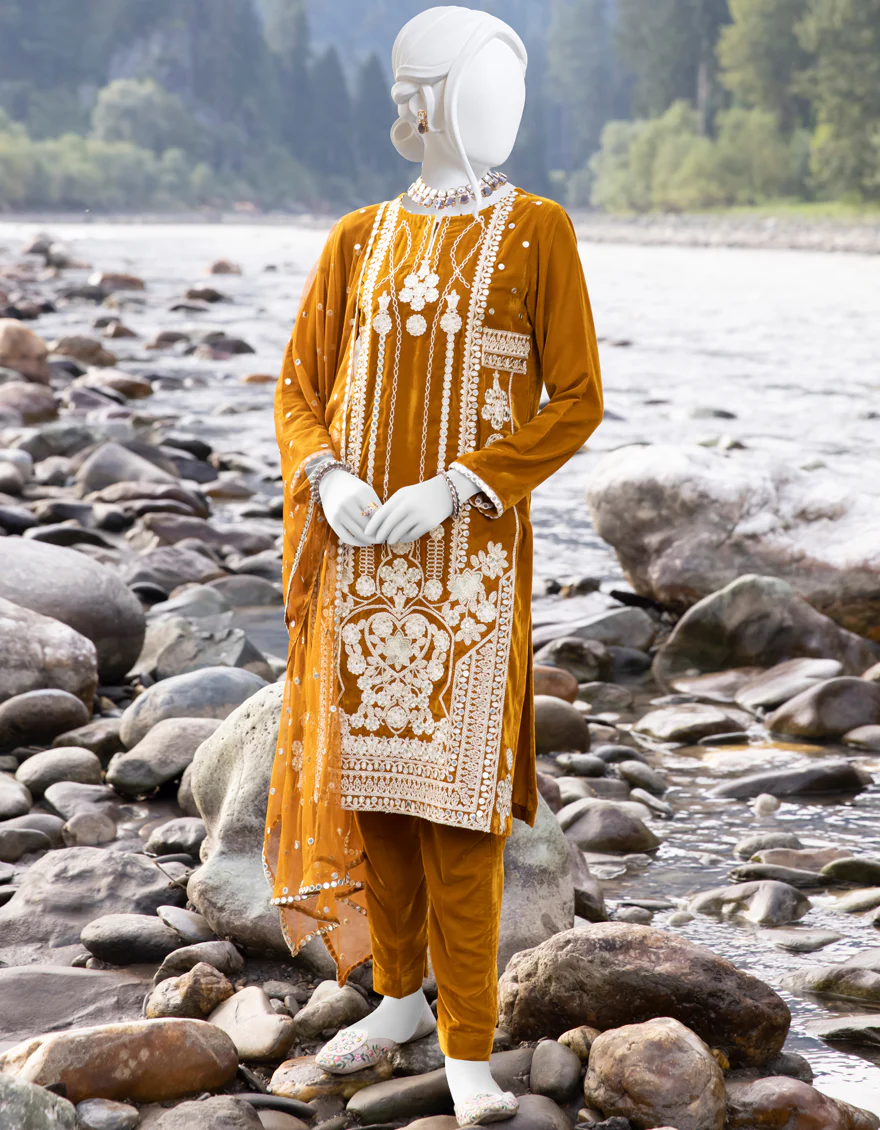 MUSTARD VELVET 3PC STITCHED | JJPW-W-JPWS-US-22-491 FB/FF-328