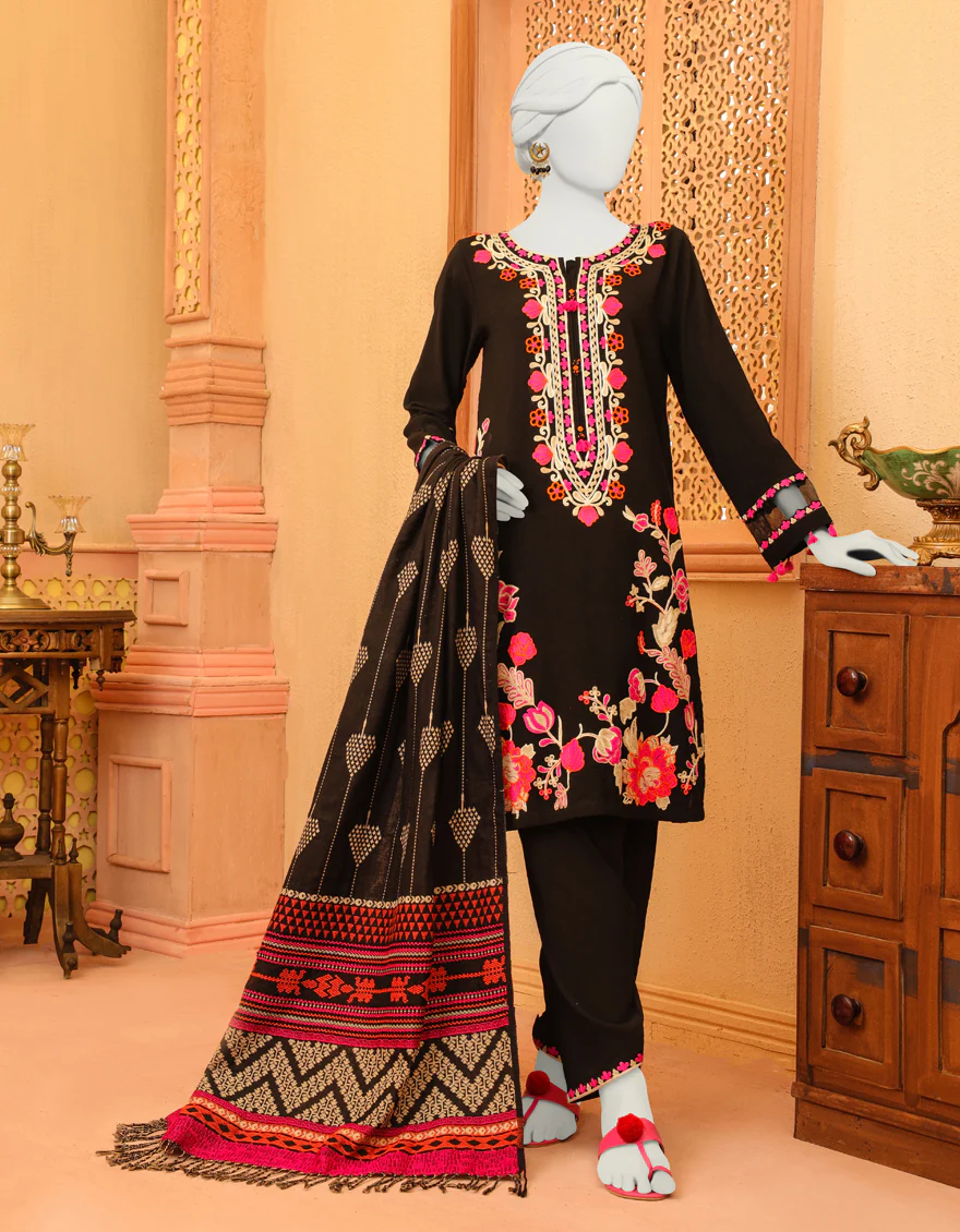 BLACK KHADDAR 3PC STITCHED | JJPW-W-JPWS-US-23-623 FB/DUSTY ROSE