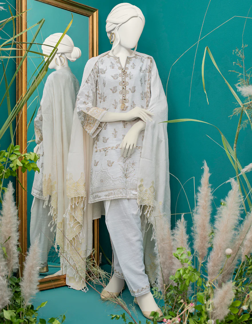 WHITE KHADDAR 3PC STITCHED | JJPW-W-JW-US-22-1704 FB/SIYAH