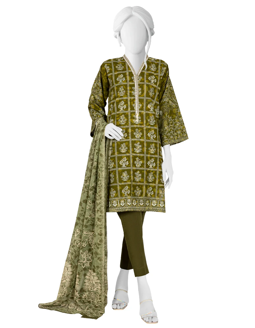 GREEN KHADDAR 3PC STITCHED | JJPW-W-JW-US-22-1743 FB/THIRMA