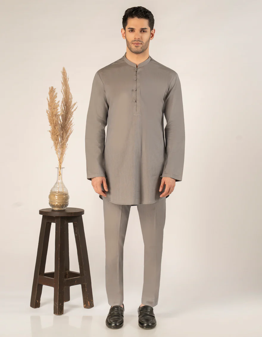 STONE GREY COTTON SHORT KURTA TROUSERS | JJSHKP-A-50160/S25/JJ10023-CL