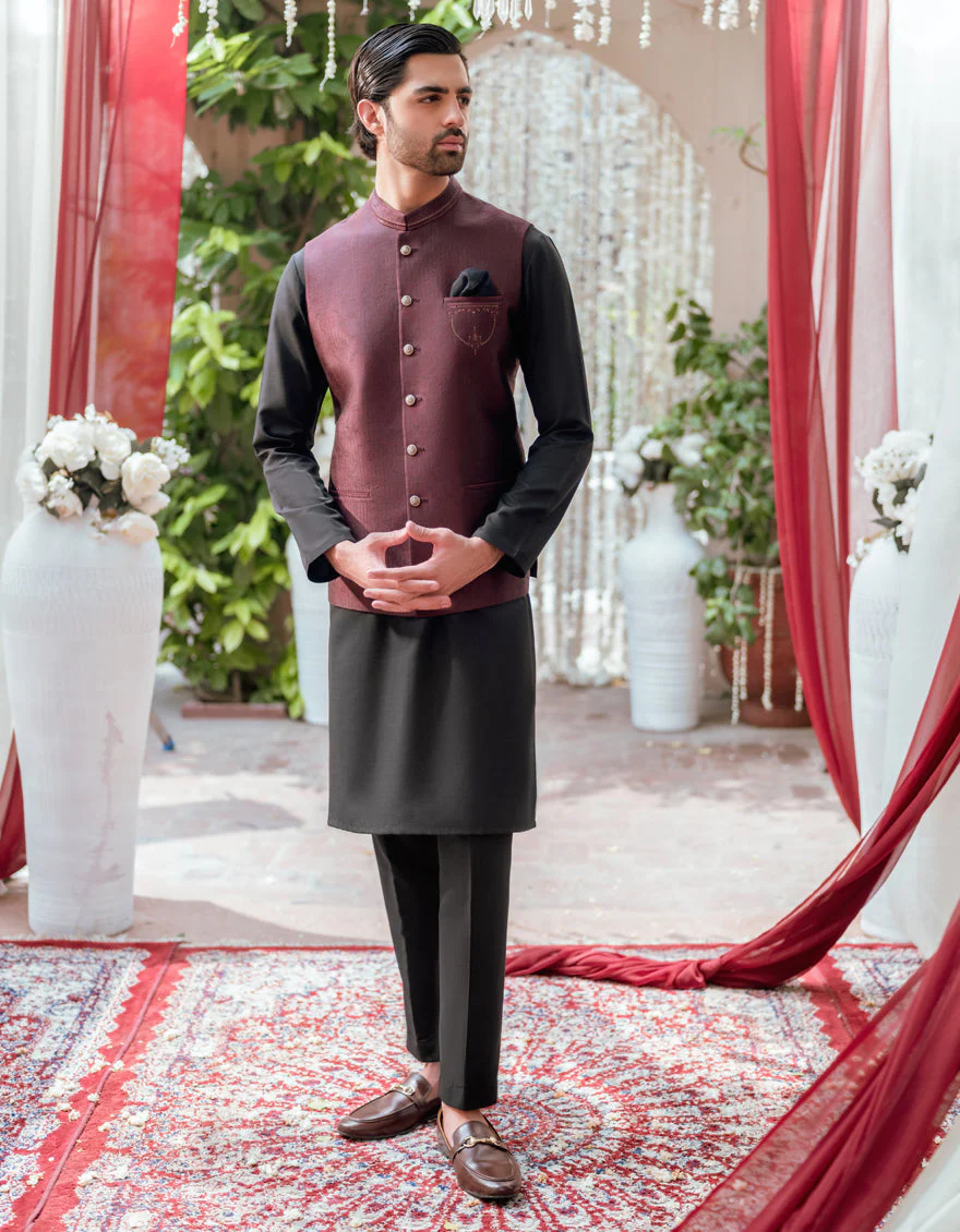 MAROON JAMAWAR WAISTCOAT | JJVC-A-48165/S24/JJ9384-FL
