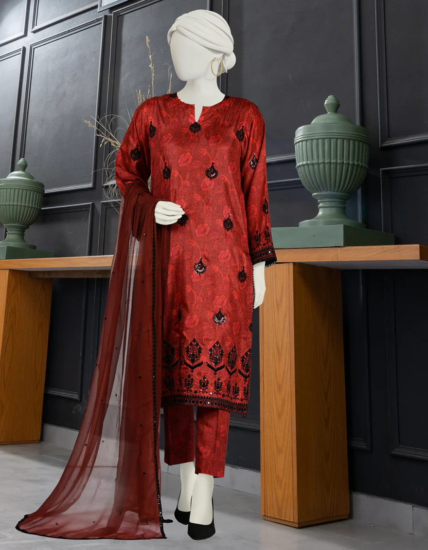 RED IMPURE SILK 3PC STITCHED | JLAWN-S-24-084/S DHA